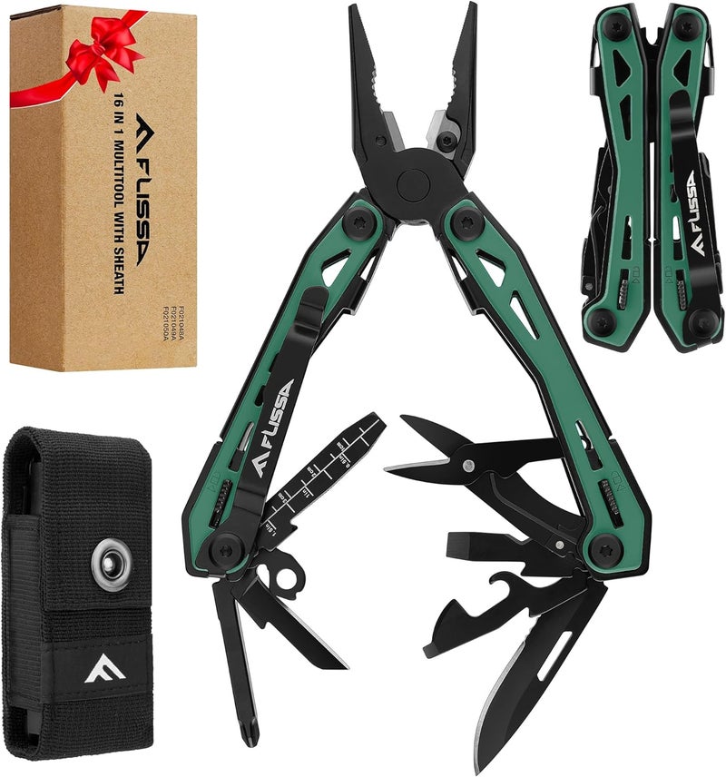 FLISSA 16-in-1 Multi Tool Pliers, Gifts for Men, Stainless Steel EDC Multitool with Pocket Knife, Belt Clip and Oxford Pouch, Self-locking Multipurpose Utility Multi-Tool for Camping Survival Outdoor - Image 1